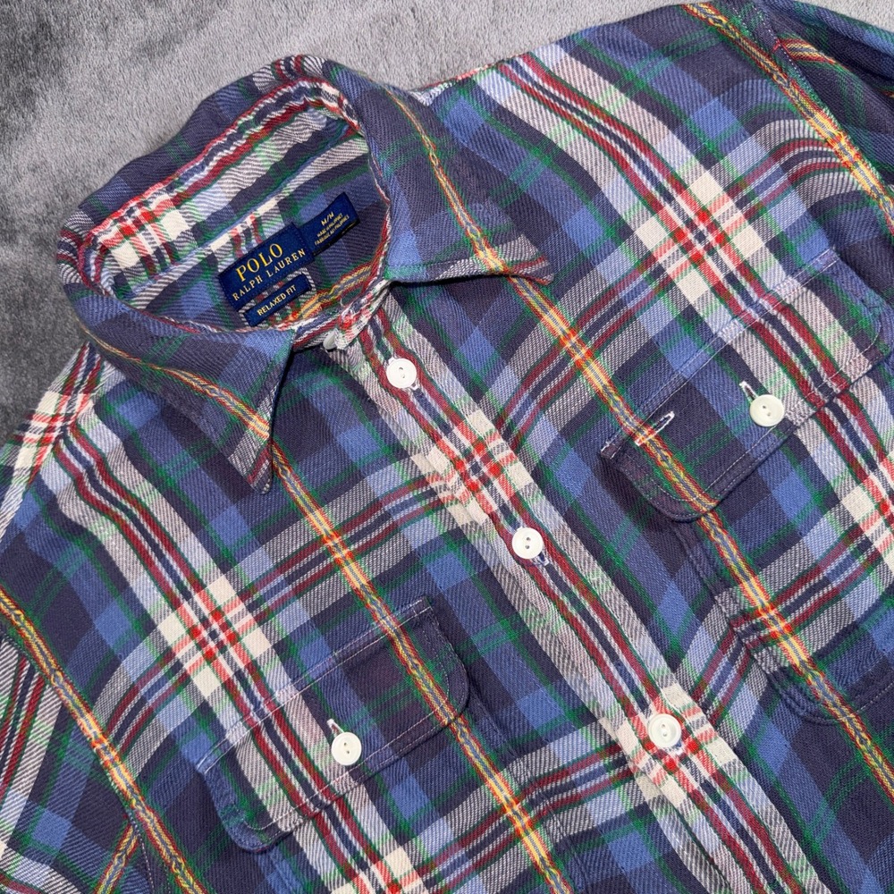 Polo Ralph Lauren Relaxed Fit Plaid Flannel Shirt Blue Green Red Mens Medium